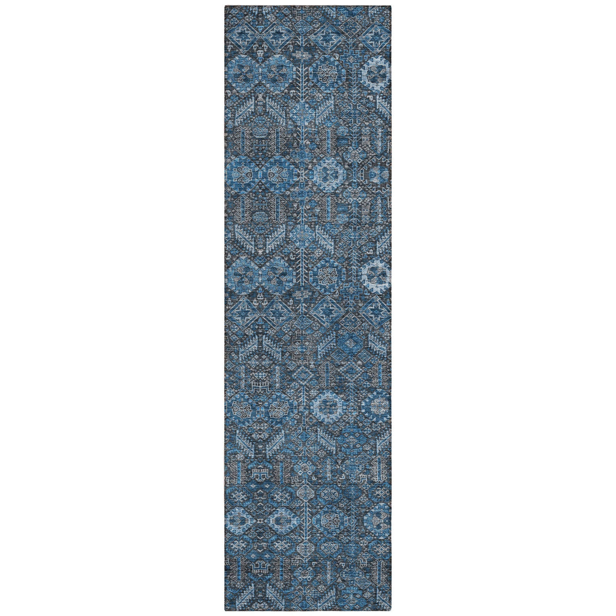 8' Runner Blue and Black Floral Washable Non Skid Indoor Outdoor Runner Rug