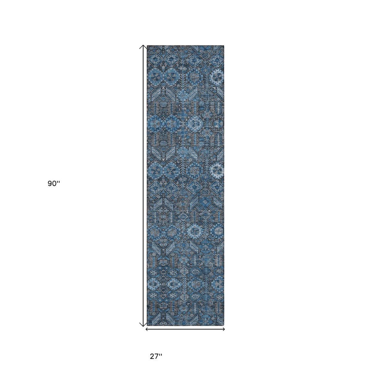 8' Runner Blue and Black Floral Washable Non Skid Indoor Outdoor Runner Rug