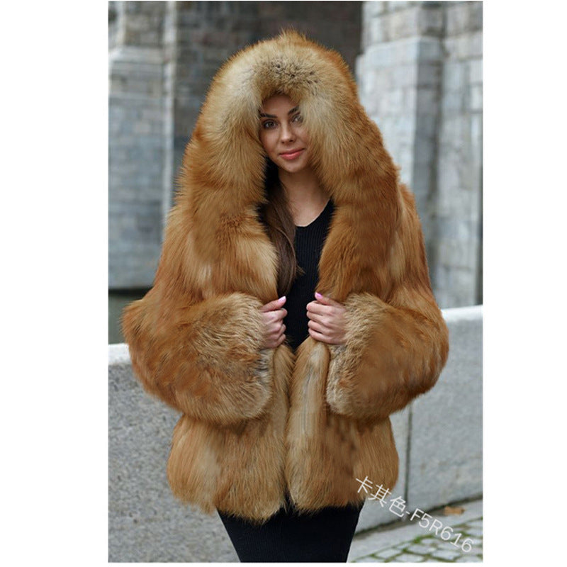 Women's Fur Coat Large Size Hooded Warm Fur Mid-Length Fox Fur Coat