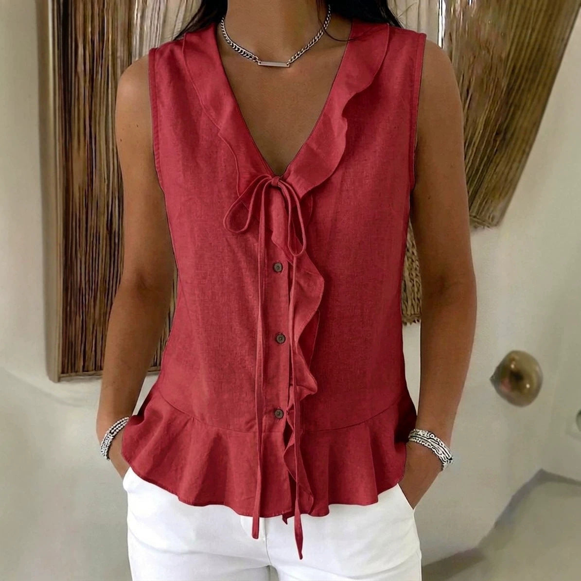 Women's Casual V-Neck Ruffle Trim Sleeveless Top