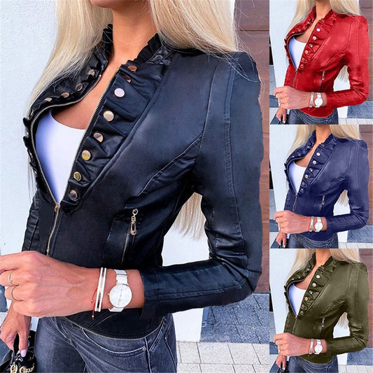 European-Style Slim-Fit PU Motorcycle Jacket - Winter Biker Coat for Women (Black/Brown/Navy/Wine Red, S-5XL)