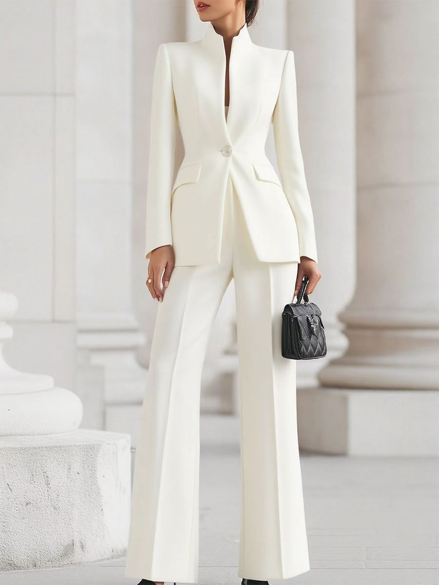 2026 European And American Women's Fashion Independent Long-Sleeve Solid Color Pocket Single-Button Blazer And  Long Suit Pants Two-Piece Set