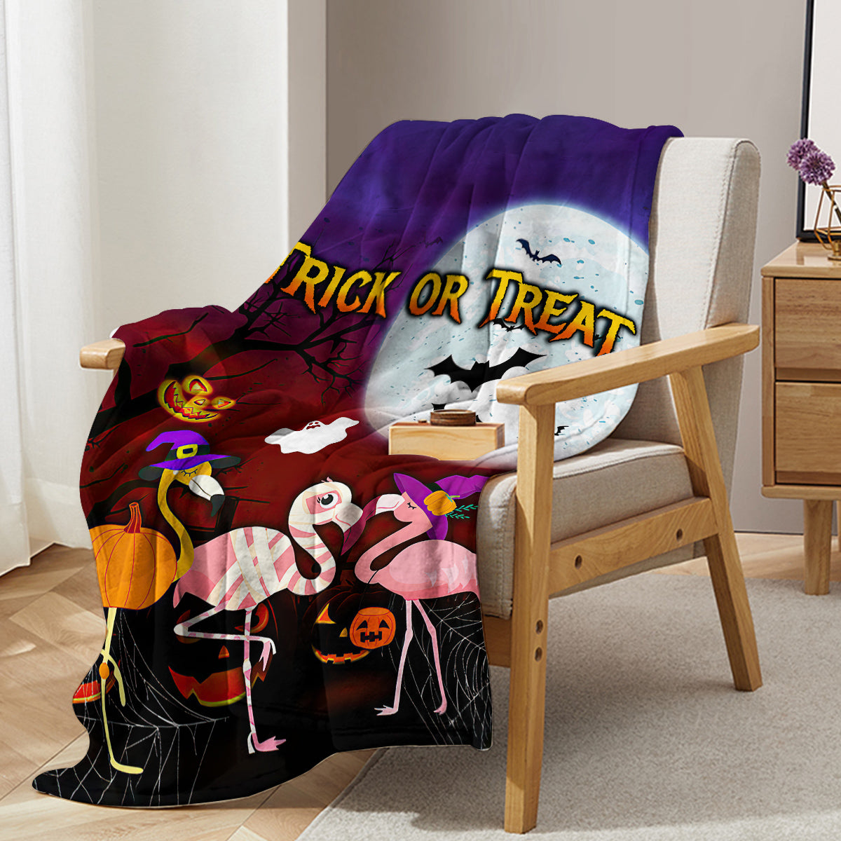 1pc Halloween-themed Pink Flamingo Print Flannel Blanket, Cozy And Warm For Home Use Bed, Sofa, Camping, And Multi-scenario Application Suitable For All Seasons
