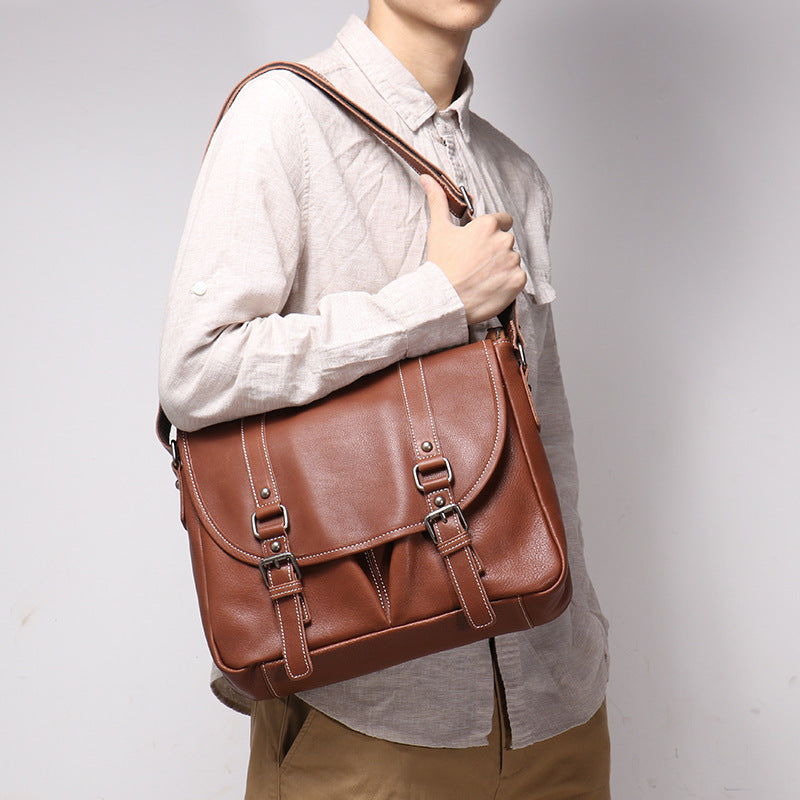 Mens Full-Grain Leather Large-Capacity Shoulder Bag