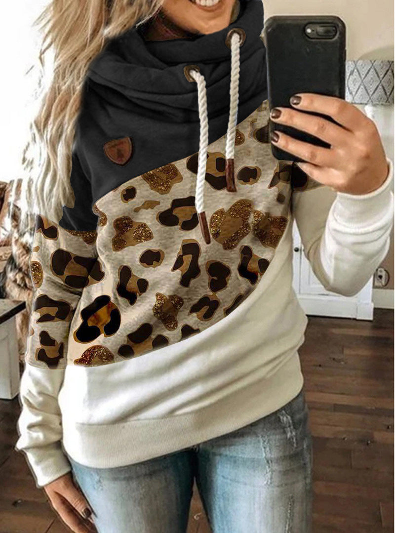 Printed stitching hooded fleece loose sweatshirt