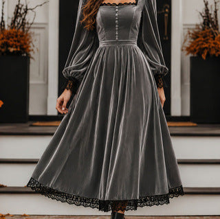 Square-neck Lace-panel Velvet Dress