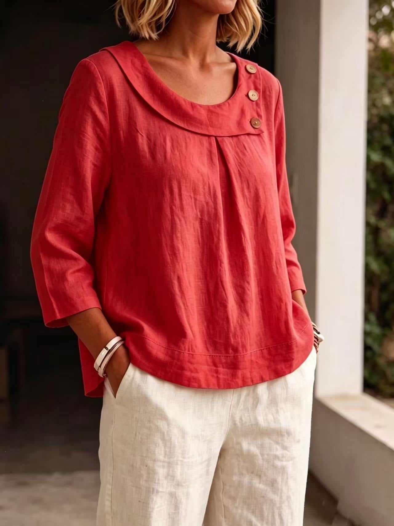 Casual Round-neck Shirt, Loose-fitting Top For Women