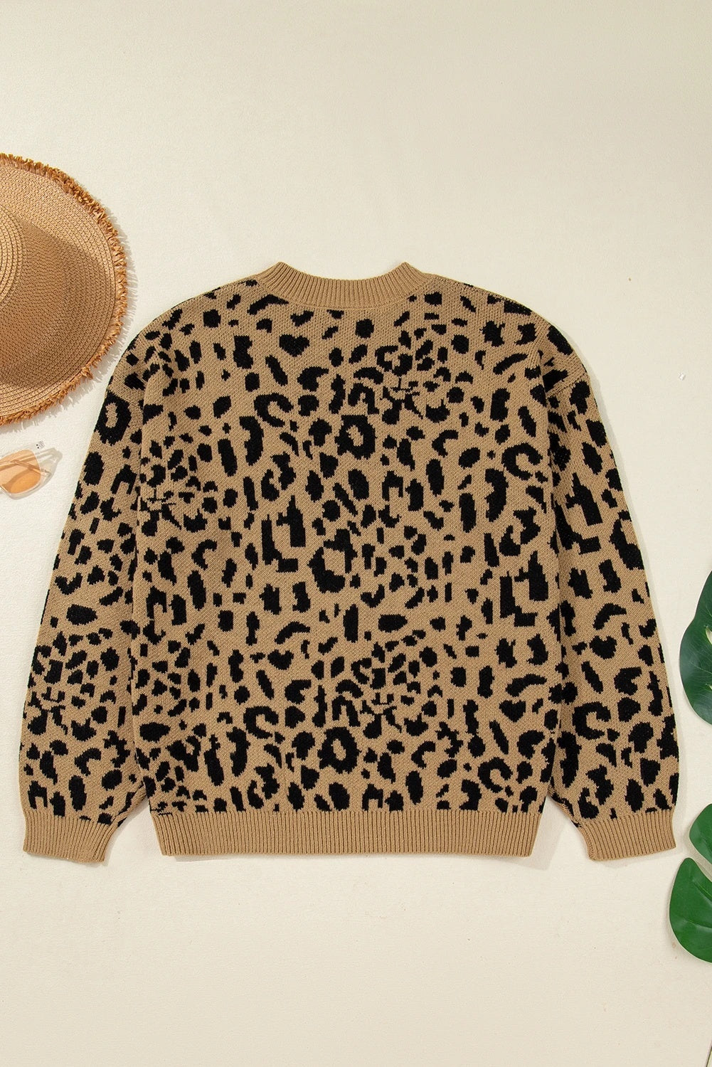 Light French Beige Rib Trim Round Neck Leopard Print Off-shoulder Sweater