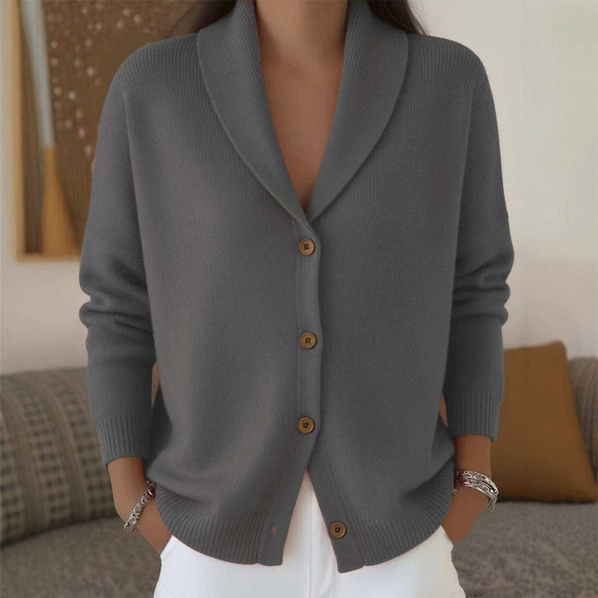Womens Knitted Cardigan Loose-Fit Lazy Style Soft And Cozy Notch Lapel Solid Color Long-Sleeve Sweater