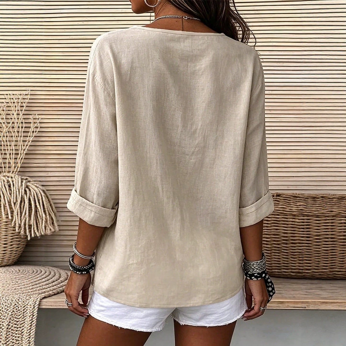 Womens V-neck Cotton-Linen Button-Down T-shirt Top