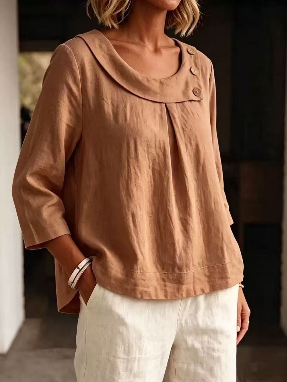 Casual Round-neck Shirt, Loose-fitting Top For Women