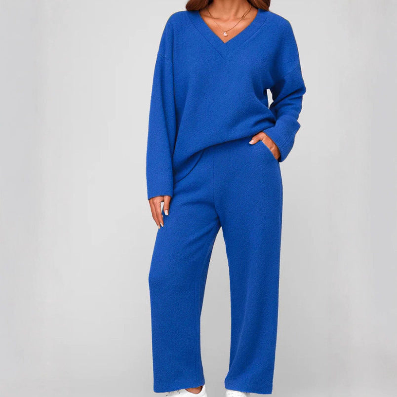 V-neck Wool Loose Pockets Leisure Suit Two-piece Pajamas