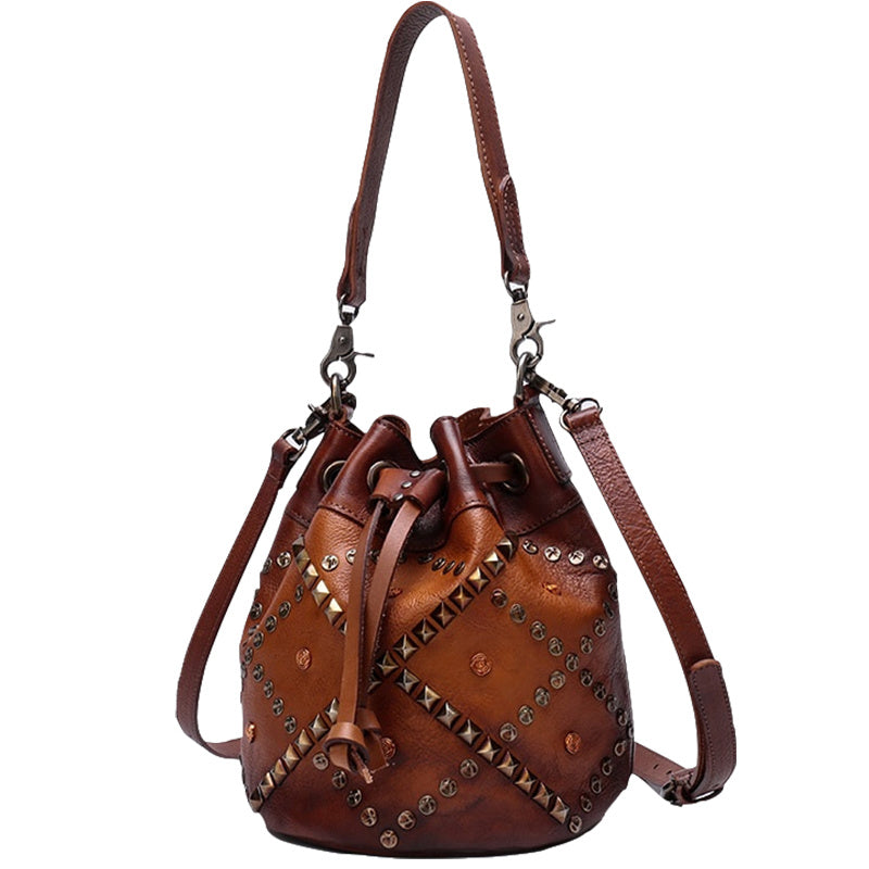 Vintage Rivet-Embellished Leather Bucket Bag - First Layer Cowhide Drawstring Purse in Mocha Plum (24x21x21cm)