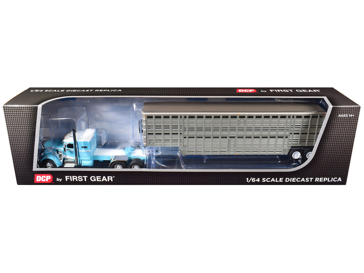 Peterbilt 351 with 36" Vintage Sleeper and 45' Wilson Vintage Livestock Trailer Light Blue with White Stripes 1/64 Diecast Model by DCP/First Gear