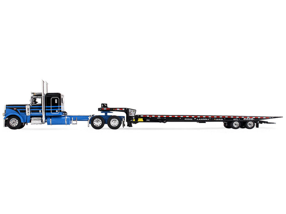 Peterbilt 389 with 48" Flat Top Sleeper and Landoll 440B-50CA Traveling Axle Trailer Black with Blue Stripes 1/64 Diecast Model by DCP/First Gear