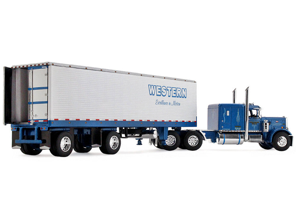 Peterbilt 351 with 63" Flat Top Sleeper and 40' Vintage Trailer with Reefer "Western Distributing" Blue Metallic and White 1/64 Diecast Model by DCP/First Gear