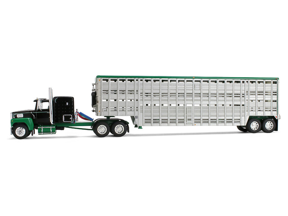 Ford LTL 9000 with 60" Flat Top Sleeper and 45' Wilson Vintage Livestock Trailer Black and Green 1/64 Diecast Model by DCP/First Gear