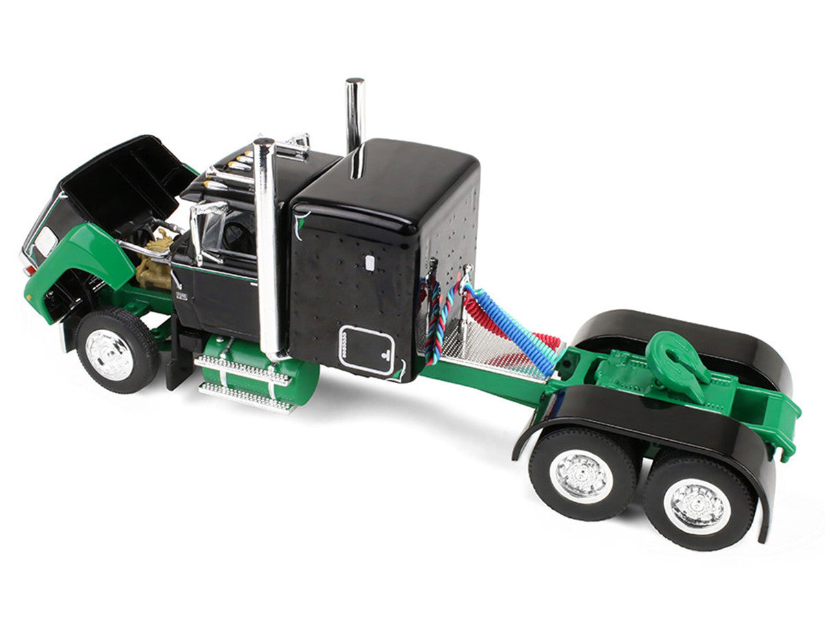 Ford LTL 9000 with 60" Flat Top Sleeper and 45' Wilson Vintage Livestock Trailer Black and Green 1/64 Diecast Model by DCP/First Gear