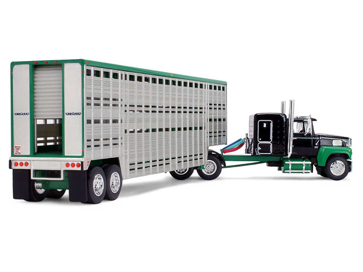 Ford LTL 9000 with 60" Flat Top Sleeper and 45' Wilson Vintage Livestock Trailer Black and Green 1/64 Diecast Model by DCP/First Gear