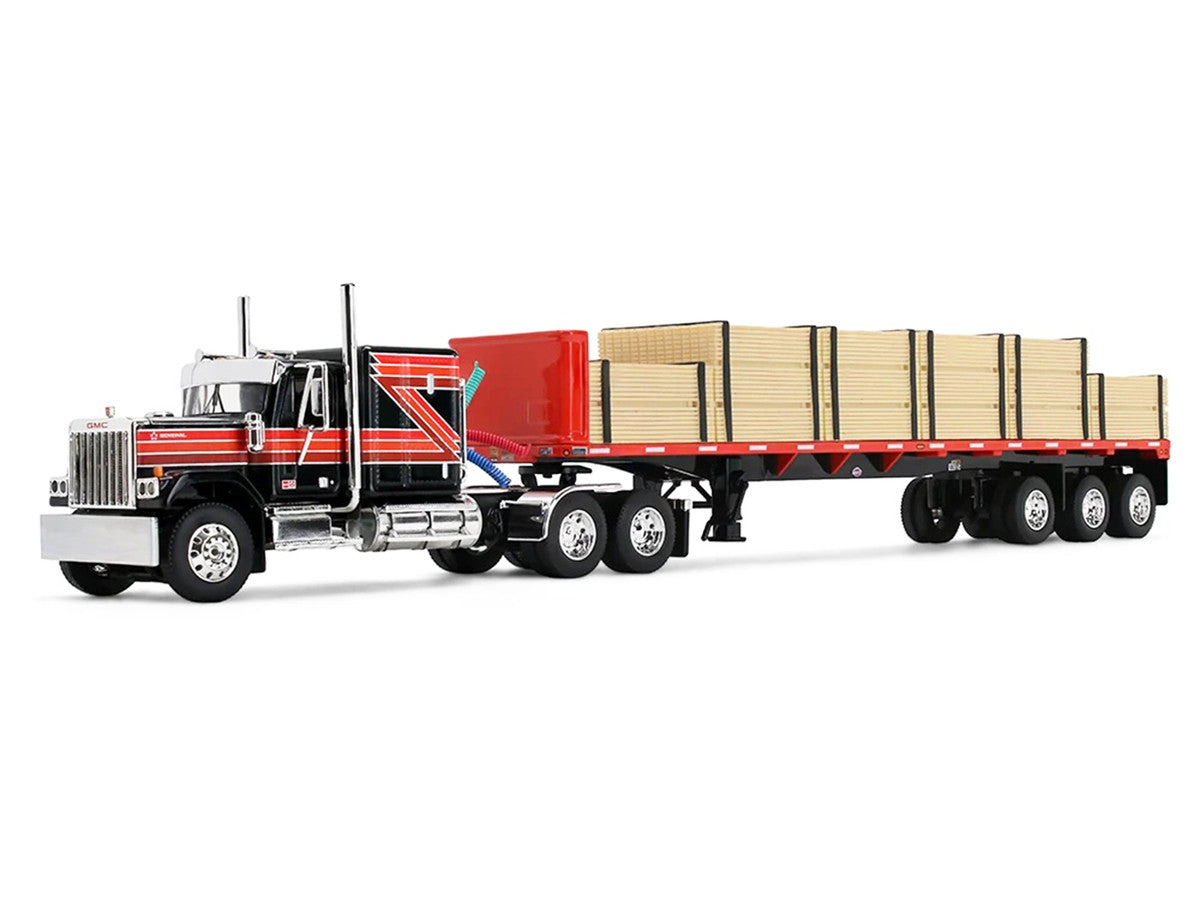 GMC General with 60" Flat Top Sleeper & 48' Utility Flatbed Trailer with Lumber Load Black with Red Stripes 1/64 Diecast Model by First Gear