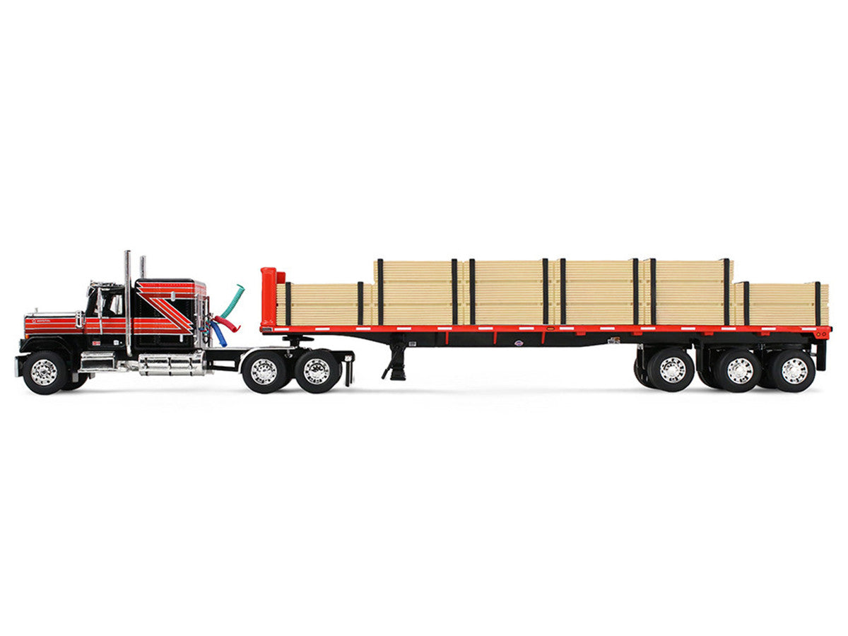 GMC General with 60" Flat Top Sleeper & 48' Utility Flatbed Trailer with Lumber Load Black with Red Stripes 1/64 Diecast Model by First Gear