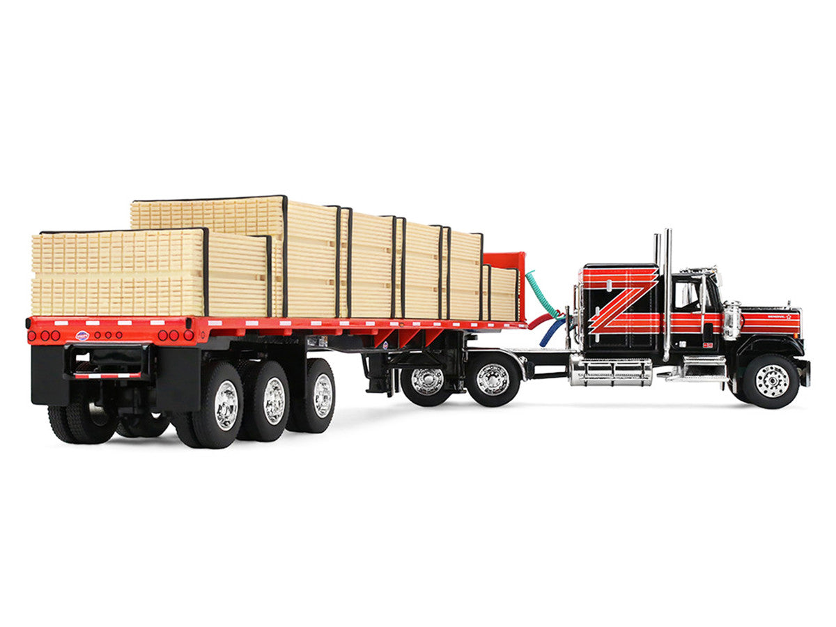 GMC General with 60" Flat Top Sleeper & 48' Utility Flatbed Trailer with Lumber Load Black with Red Stripes 1/64 Diecast Model by First Gear
