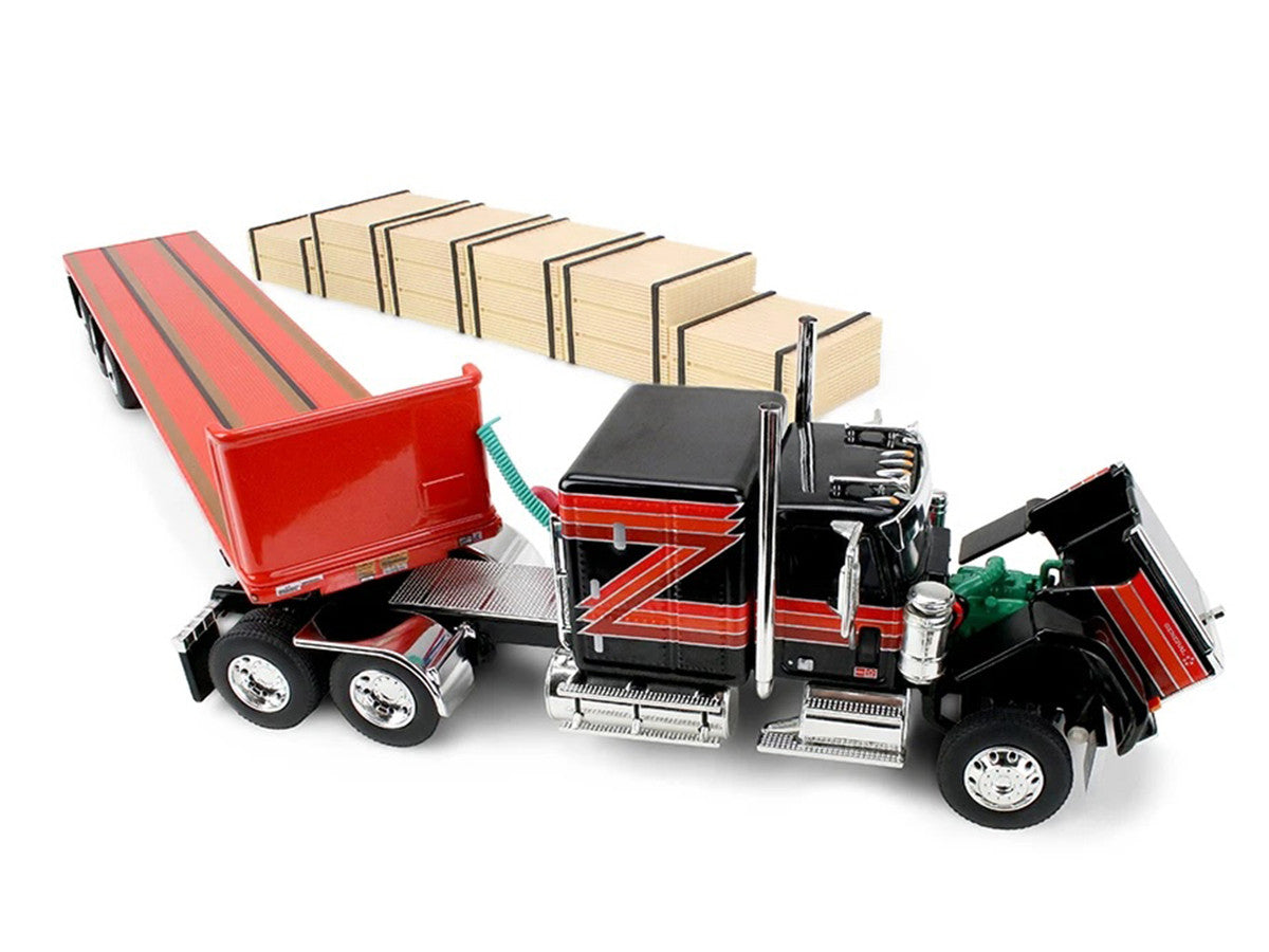 GMC General with 60" Flat Top Sleeper & 48' Utility Flatbed Trailer with Lumber Load Black with Red Stripes 1/64 Diecast Model by First Gear