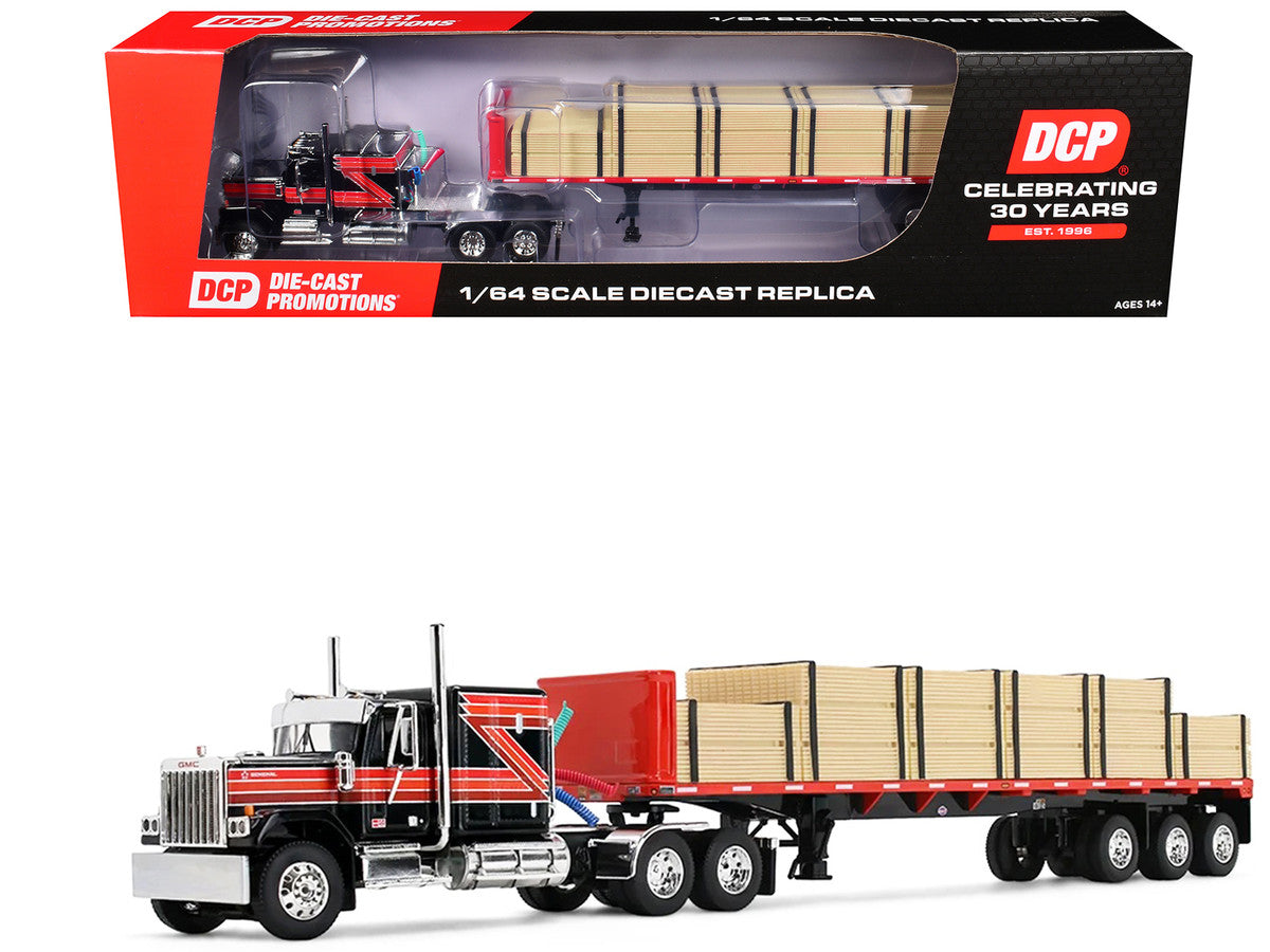 GMC General with 60" Flat Top Sleeper & 48' Utility Flatbed Trailer with Lumber Load Black with Red Stripes 1/64 Diecast Model by First Gear