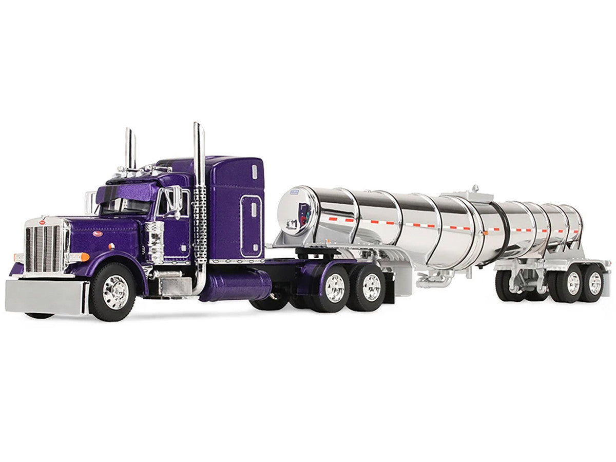 Peterbilt 379 with 63" Mid-Roof Sleeper and Polar Deep Drop Trailer Wild Orchid Purple with Black Stripes 1/64 Diecast Model by DCP/First Gear