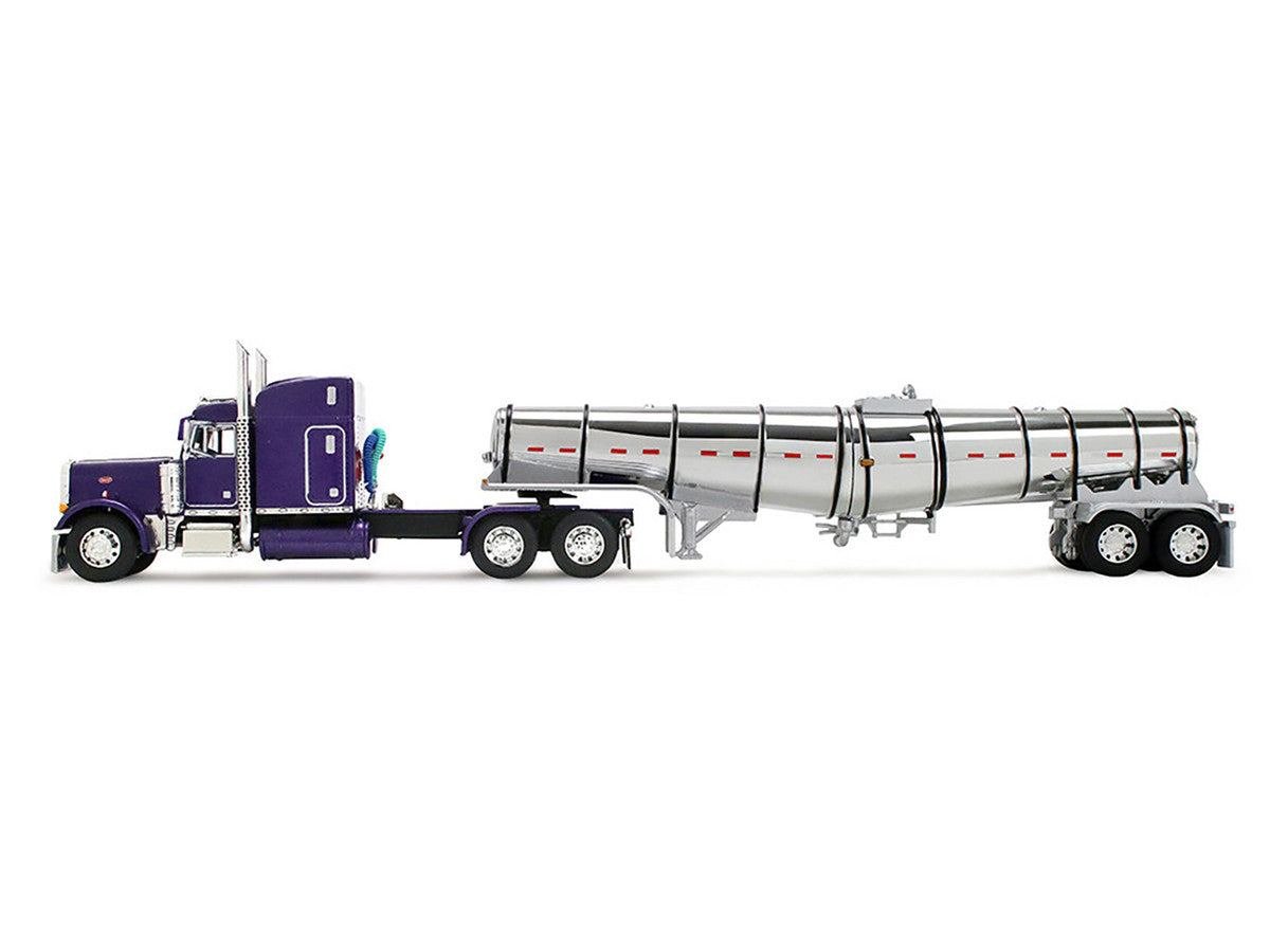 Peterbilt 379 with 63" Mid-Roof Sleeper and Polar Deep Drop Trailer Wild Orchid Purple with Black Stripes 1/64 Diecast Model by DCP/First Gear