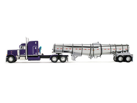 Peterbilt 379 with 63" Mid-Roof Sleeper and Polar Deep Drop Trailer Wild Orchid Purple with Black Stripes 1/64 Diecast Model by DCP/First Gear