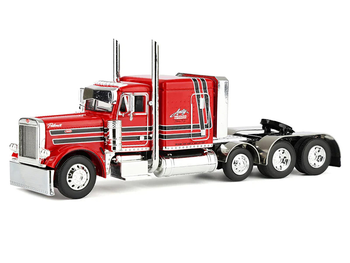 Peterbilt 379 with 63" Flat Top Sleeper and Fontaine Magnitude Lowboy Trailer with Fliptail "Anty Trucking & Rigging" Red with Black Stripes 1/64 Diecast Model by DCP/First Gear
