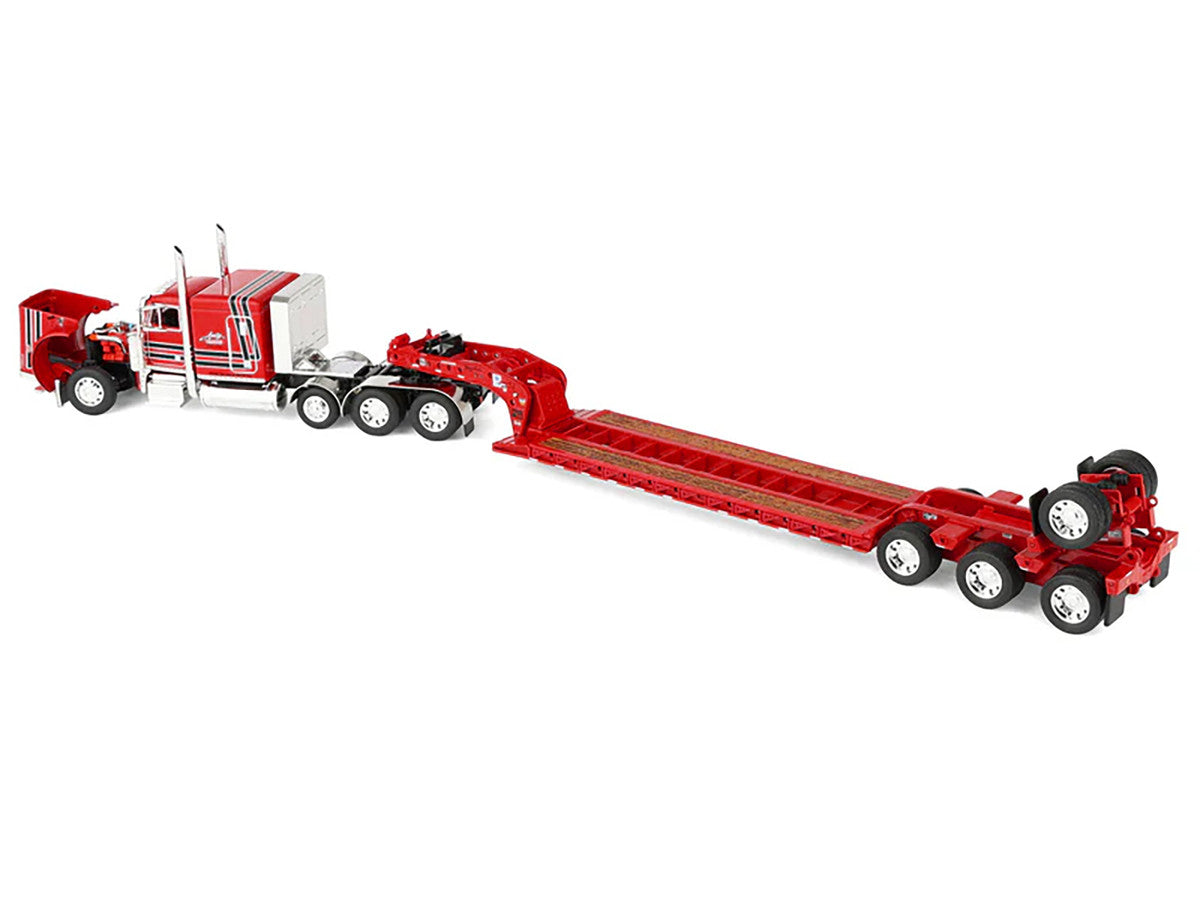 Peterbilt 379 with 63" Flat Top Sleeper and Fontaine Magnitude Lowboy Trailer with Fliptail "Anty Trucking & Rigging" Red with Black Stripes 1/64 Diecast Model by DCP/First Gear