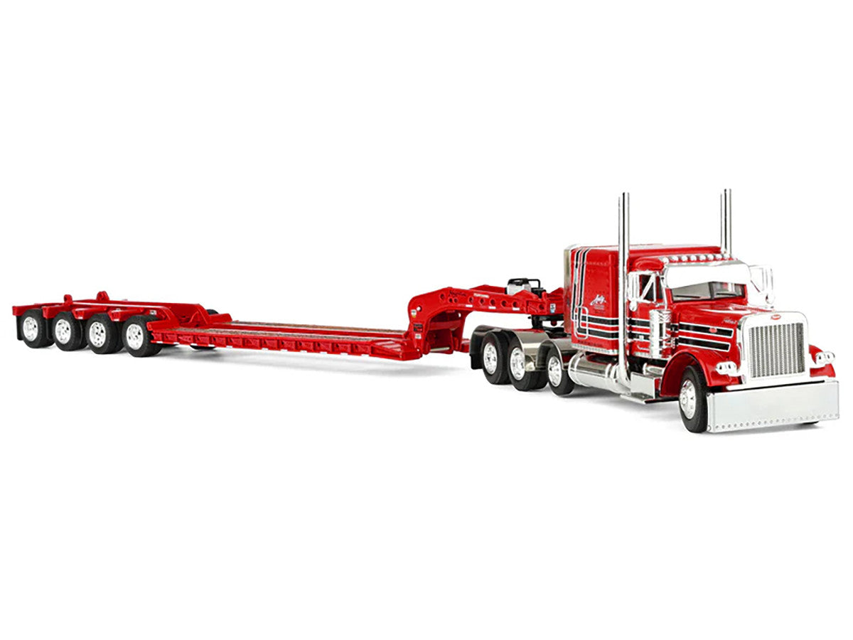 Peterbilt 379 with 63" Flat Top Sleeper and Fontaine Magnitude Lowboy Trailer with Fliptail "Anty Trucking & Rigging" Red with Black Stripes 1/64 Diecast Model by DCP/First Gear