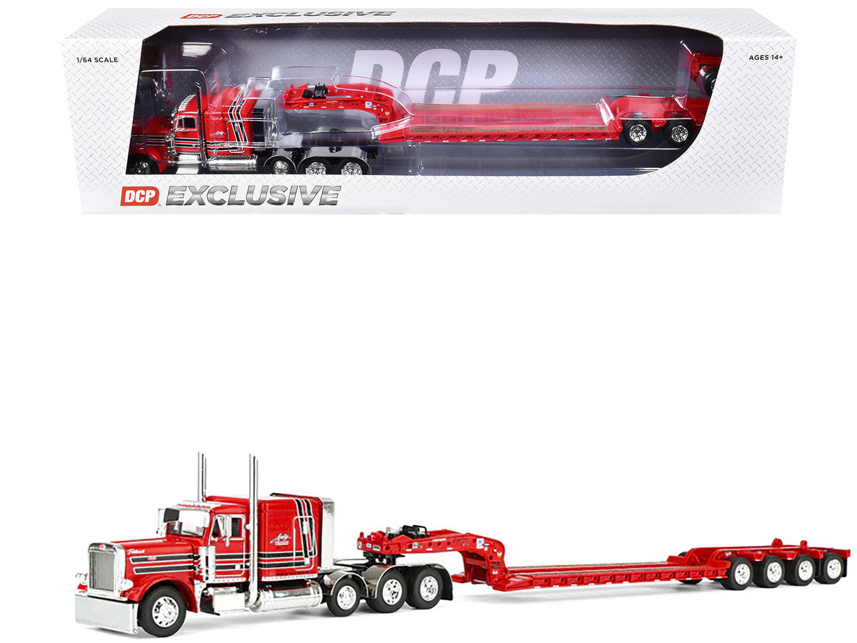 Peterbilt 379 with 63" Flat Top Sleeper and Fontaine Magnitude Lowboy Trailer with Fliptail "Anty Trucking & Rigging" Red with Black Stripes 1/64 Diecast Model by DCP/First Gear