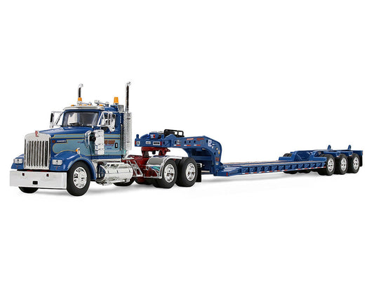 Kenworth W900L Day Cab and Fontaine Magnitude Lowboy Trailer "Sid Kamp" Blue and Light Blue Two-Tone 1/64 Diecast Model by DCP/First Gear