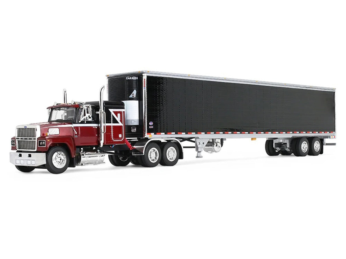 Ford LTL 9000 with 48" Flat Top Sleeper and 53' Utility Trailer with Reefer Volcano Red and Black 1/64 Diecast Model by First Gear