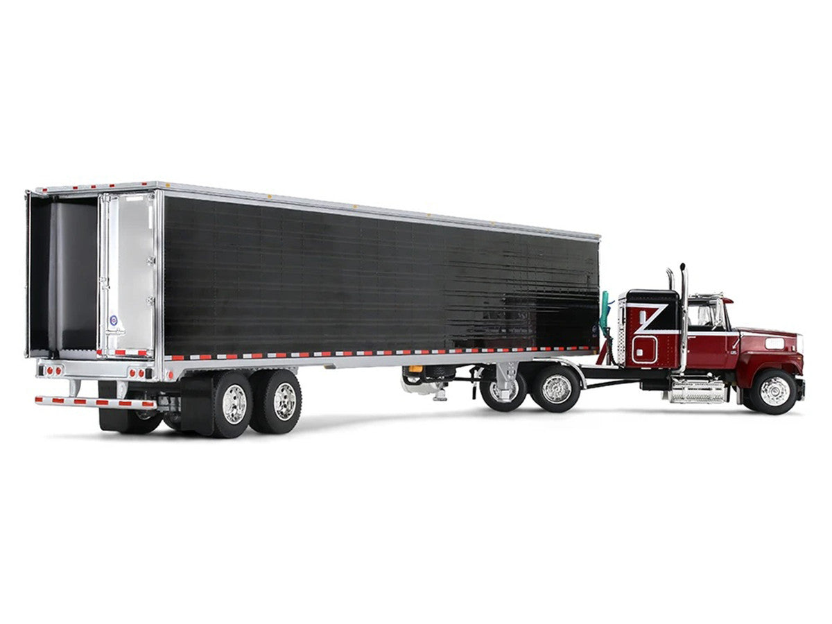 Ford LTL 9000 with 48" Flat Top Sleeper and 53' Utility Trailer with Reefer Volcano Red and Black 1/64 Diecast Model by First Gear