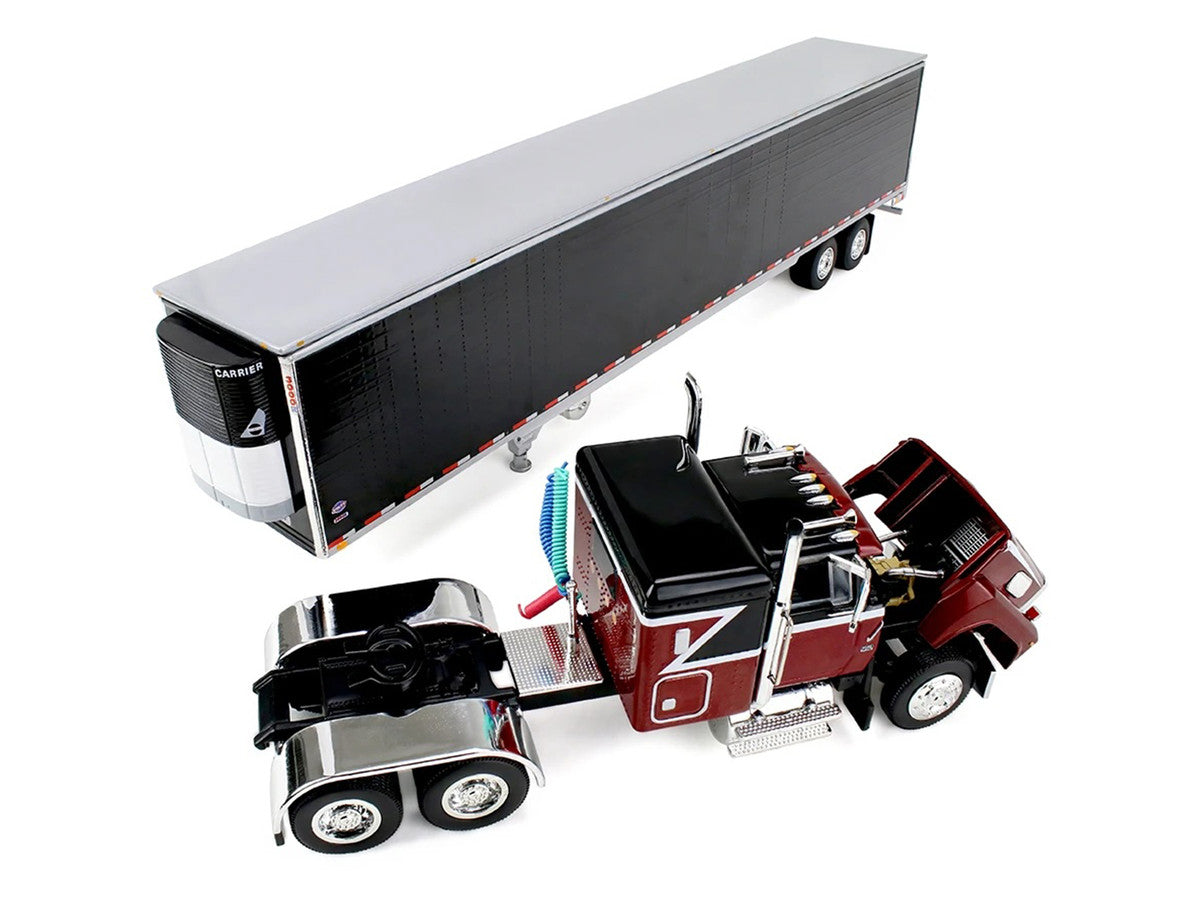Ford LTL 9000 with 48" Flat Top Sleeper and 53' Utility Trailer with Reefer Volcano Red and Black 1/64 Diecast Model by First Gear