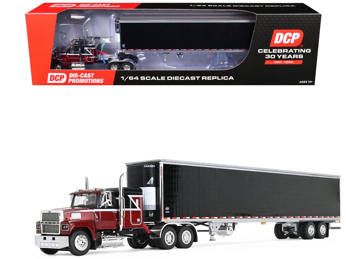Ford LTL 9000 with 48" Flat Top Sleeper and 53' Utility Trailer with Reefer Volcano Red and Black 1/64 Diecast Model by First Gear