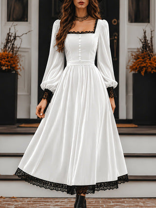 Square-neck Lace-panel Velvet Dress