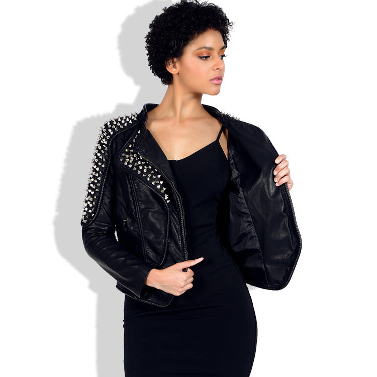 Women's Slim Fit Studded Moto Jacket with Lapels