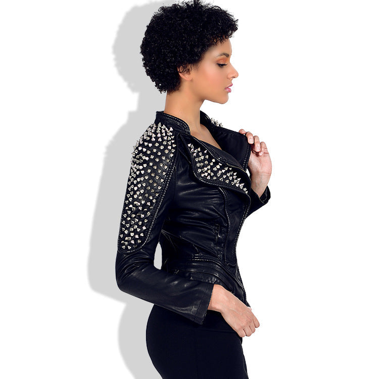 Women's Slim Fit Studded Moto Jacket with Lapels