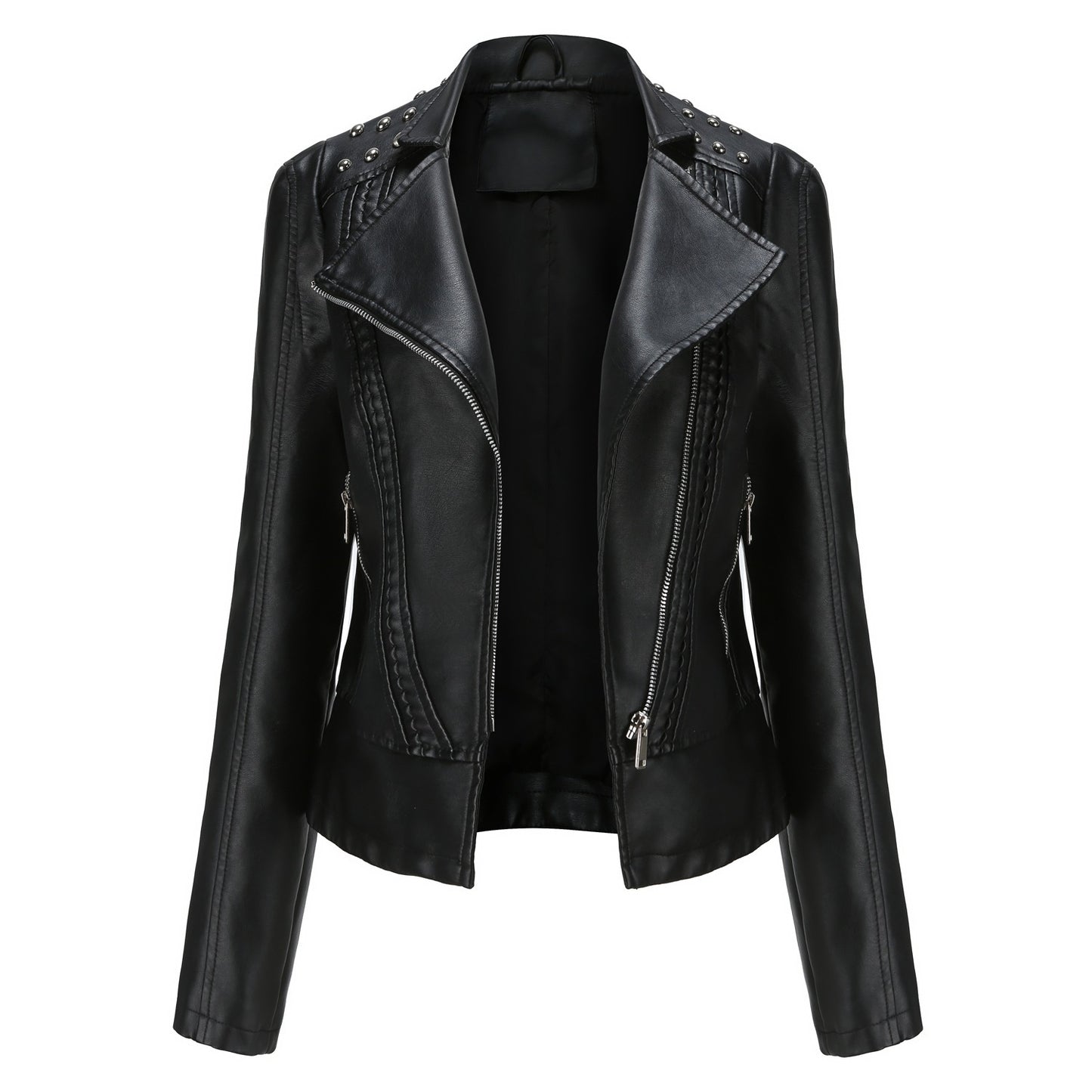 Women's Beaded Faux Leather Jacket - Long Sleeve Street Fashion Motorcycle Coat (Black/Red/Purple/Pink/Camel/Beige, XS-XXL)