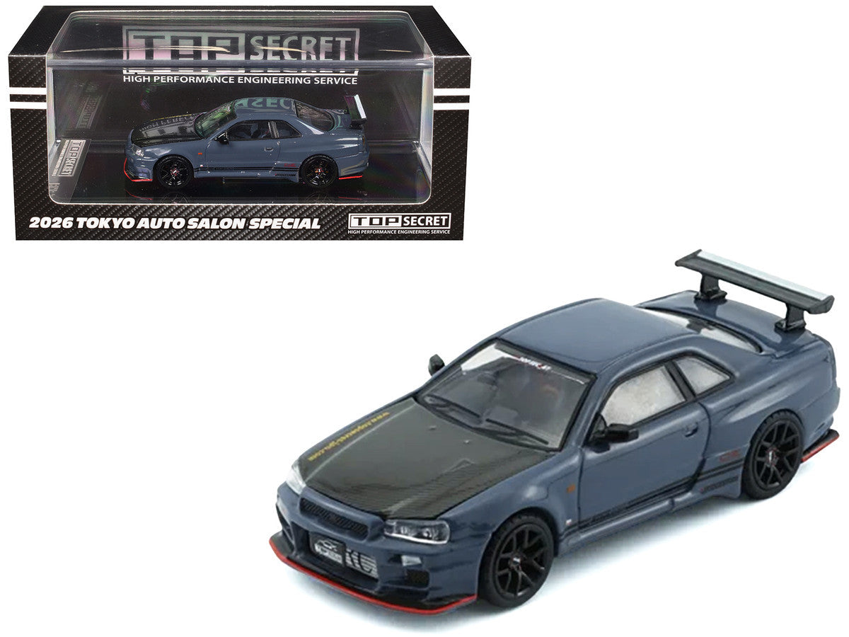 Nissan "Top Secret" Skyline GT-R (BNR34) RHD (Right Hand Drive) Stealth Gray with Carbon Hood "Tokyo Auto Salon 2026" 1/64 Diecast Model Car by BM Creations