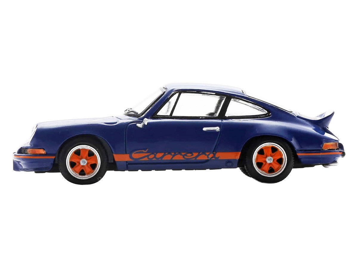1973 Porsche 911 RS 2.7 Blue with Orange Stripes 1/64 Model Car by Spark