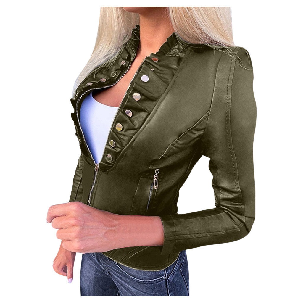 European-Style Slim-Fit PU Motorcycle Jacket - Winter Biker Coat for Women (Black/Brown/Navy/Wine Red, S-5XL)