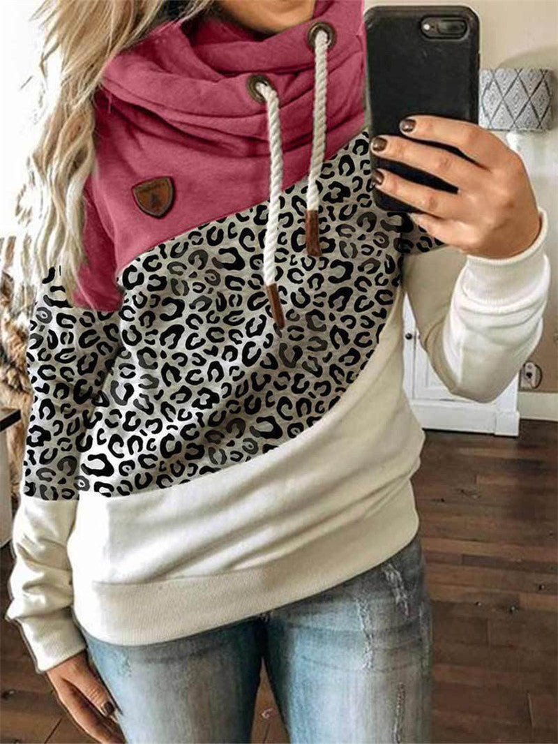 Printed stitching hooded fleece loose sweatshirt