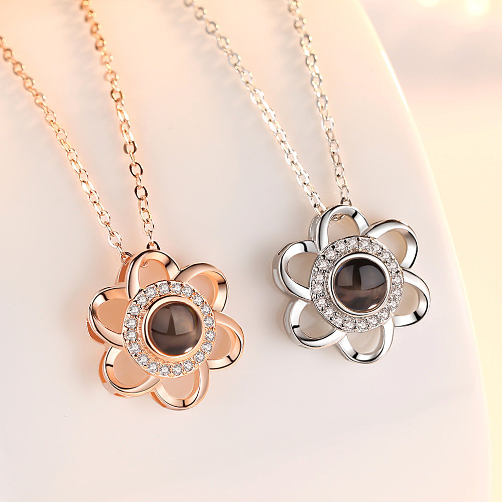 925 Sterling Silver Love Necklace, Memory In  Languages, Cherry Blossom Pendant Necklace
