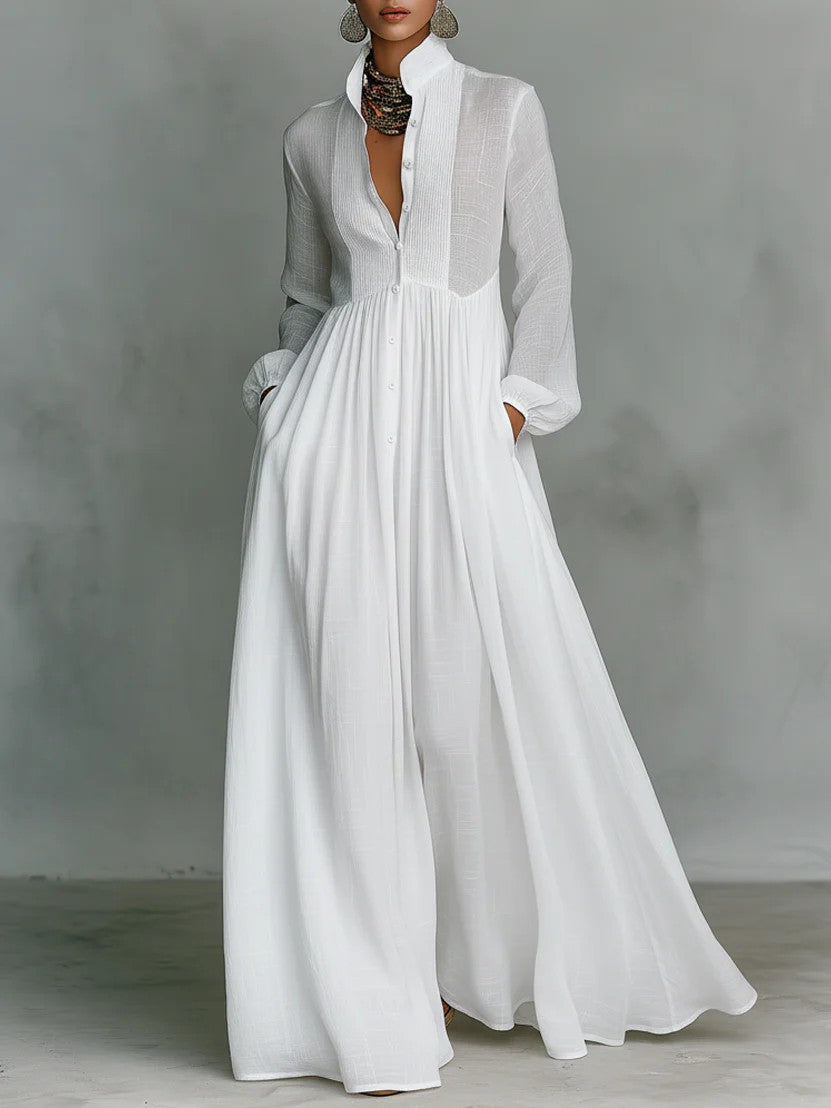 Elegant Stand Collar Button Down Maxi Dress - Long Sleeve Pleated Flowy Gown With Pockets